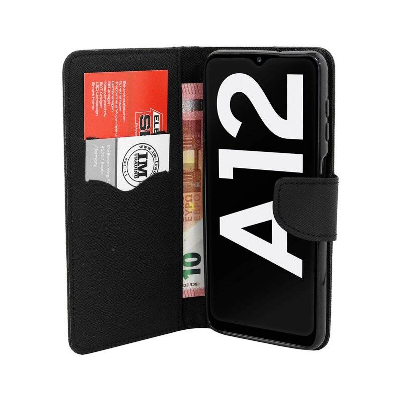 cofi1453® Buch Tasche "Fancy" kompatibel mit SAMSUNG GALAXY A12 (A125F) Handy Hülle Etui Brieftasche Schutzhülle mit Standfunktion, Kartenfach Schw