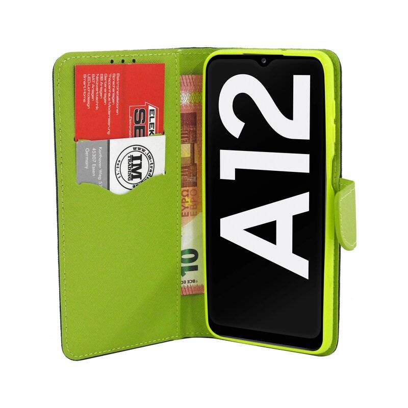 cofi1453® Buch Tasche "Fancy" kompatibel mit SAMSUNG GALAXY A12 (A125F) Handy Hülle Etui Brieftasche Schutzhülle mit Standfunktion, Kartenfach Blau