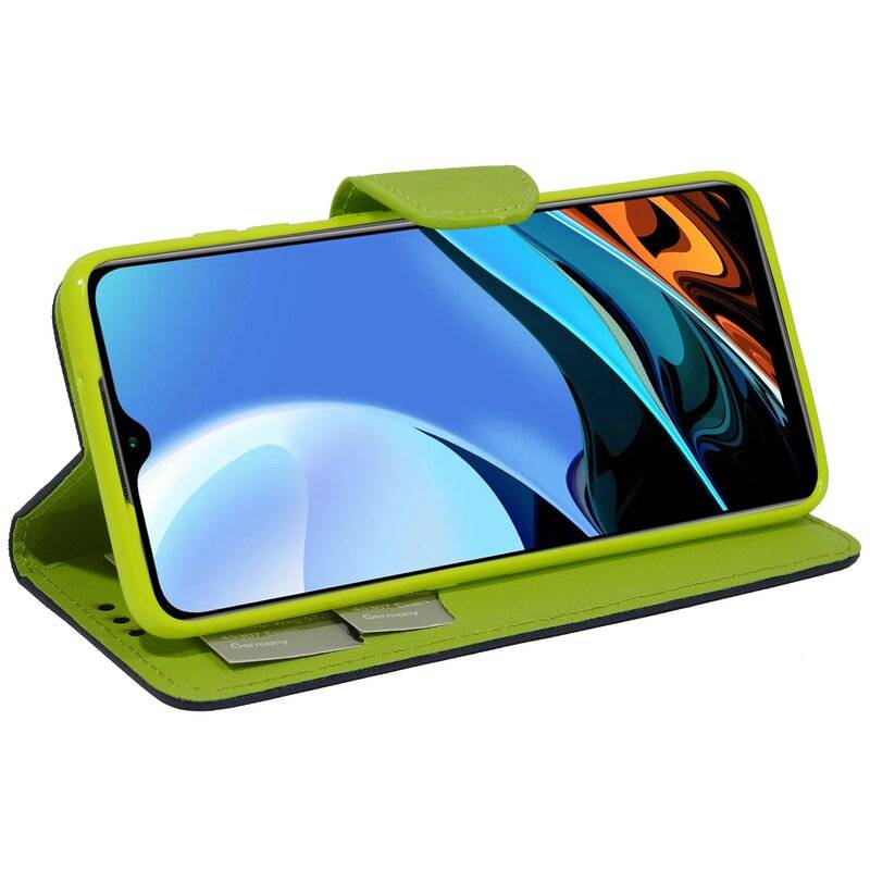 cofi1453® Buch Tasche "Fancy" kompatibel mit XIAOMI REDMI 9T Handy Hülle Etui Brieftasche Schutzhülle mit Standfunktion, Kartenfach Blau-Grün