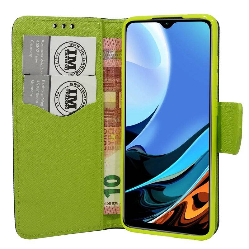 cofi1453® Buch Tasche "Fancy" kompatibel mit XIAOMI REDMI 9T Handy Hülle Etui Brieftasche Schutzhülle mit Standfunktion, Kartenfach Blau-Grün