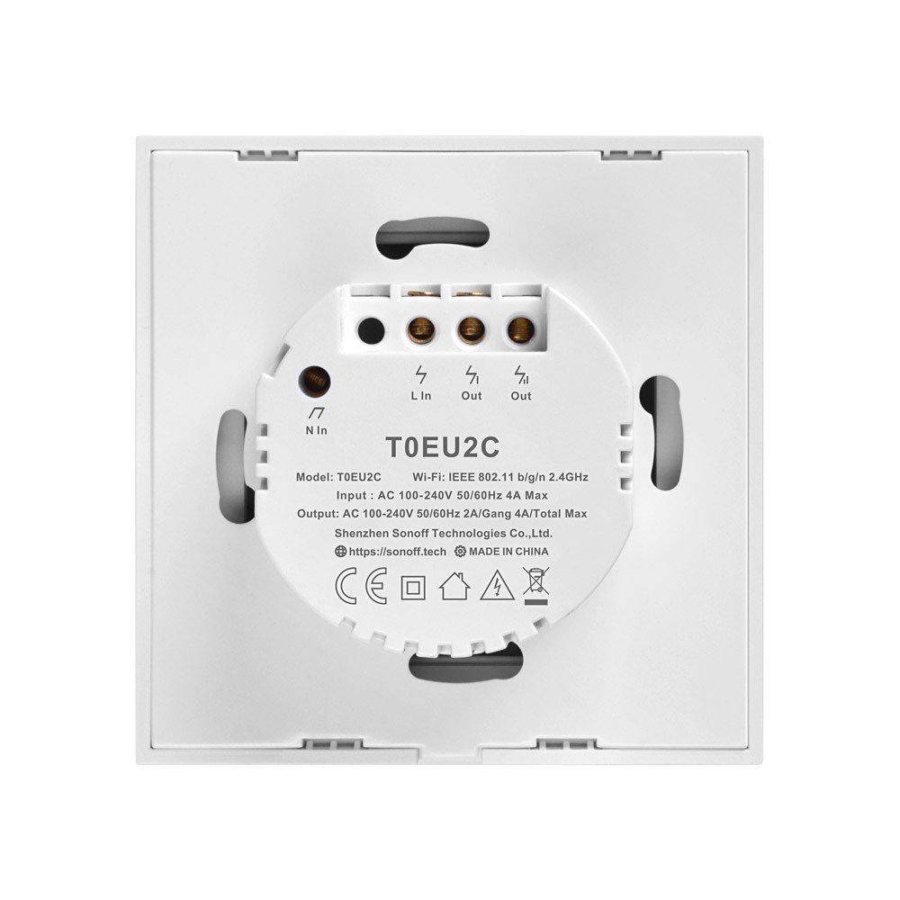Sonoff T0EU2C-TX Smart Wall Switch, 2-Kanal Wand-Schaltaktor, weiß, ohne Rahmen, WiFi