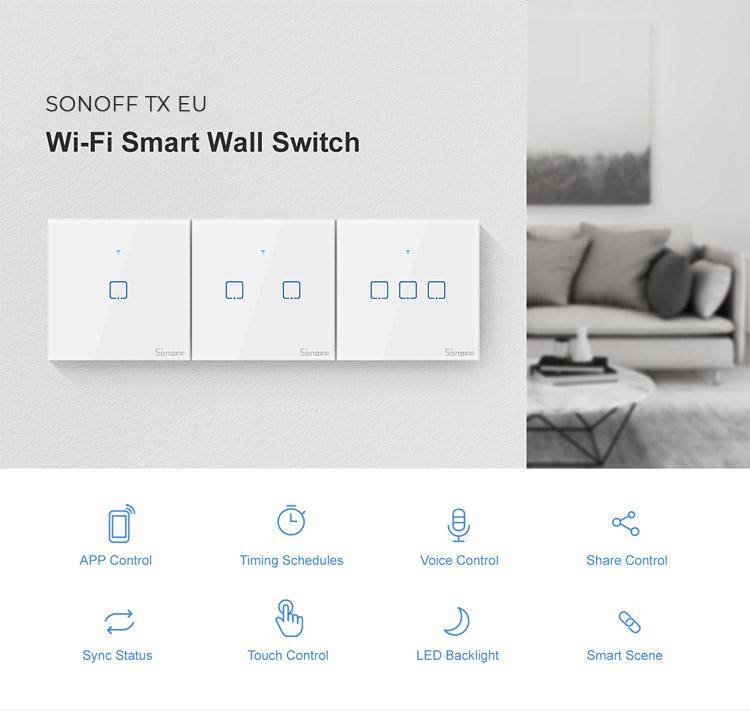 Sonoff T0EU2C-TX Smart Wall Switch, 2-Kanal Wand-Schaltaktor, weiß, ohne Rahmen, WiFi