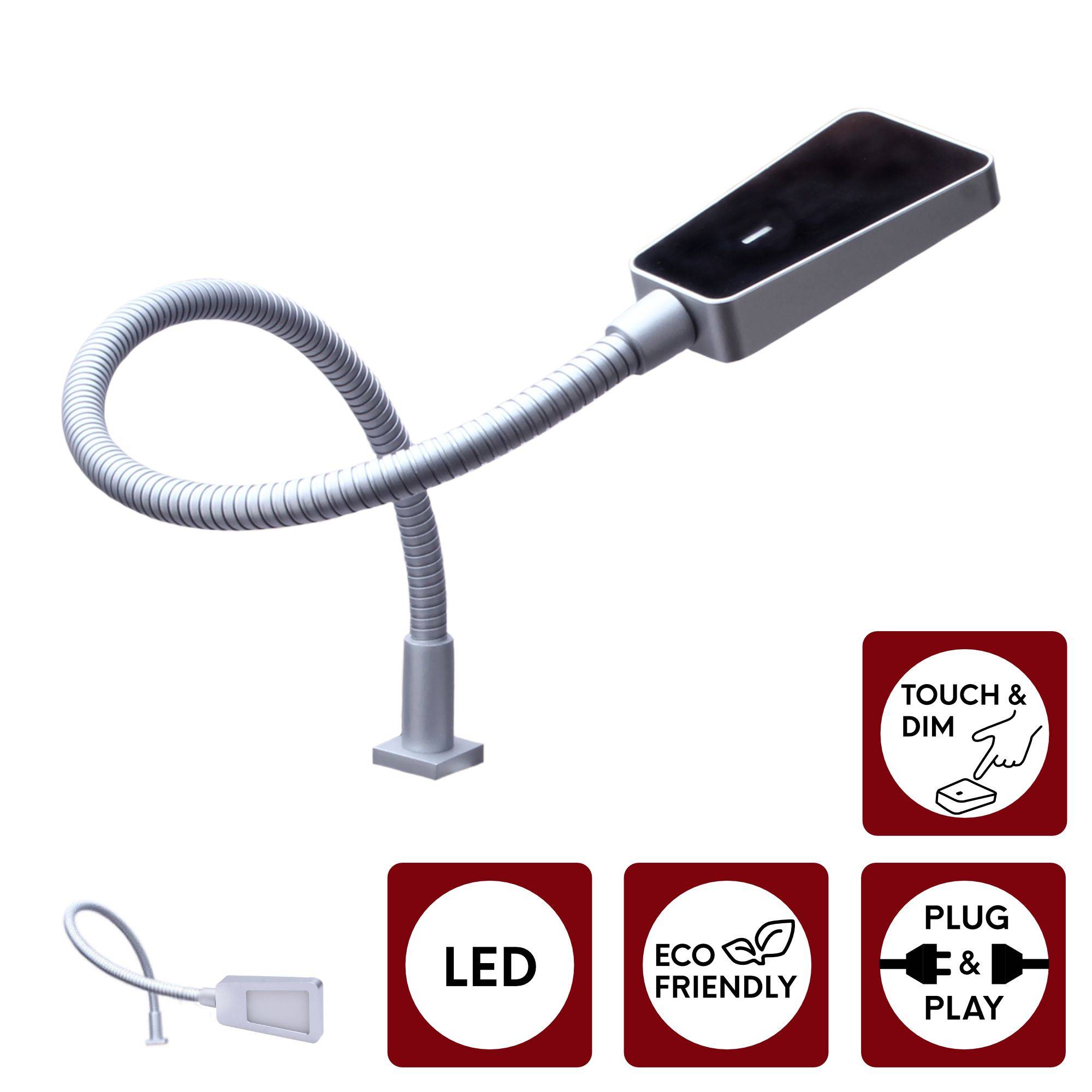 kalb | LED Bettleuchte 3W Silbergrau Touch Schalter stufenlos dimmbar Leseleuchte Nachttischlampe