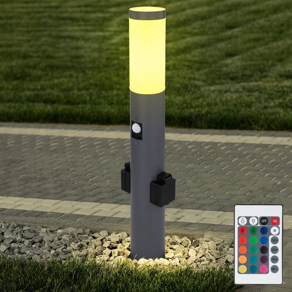 Gartenleuchte dimmbar mit Fernbedienung Wegleuchte Außen mit Bewegungsmelder 2x Steckdose Sockelleuchte, Edelstahl Anthrazit, RGB LED 8,5W 806lm