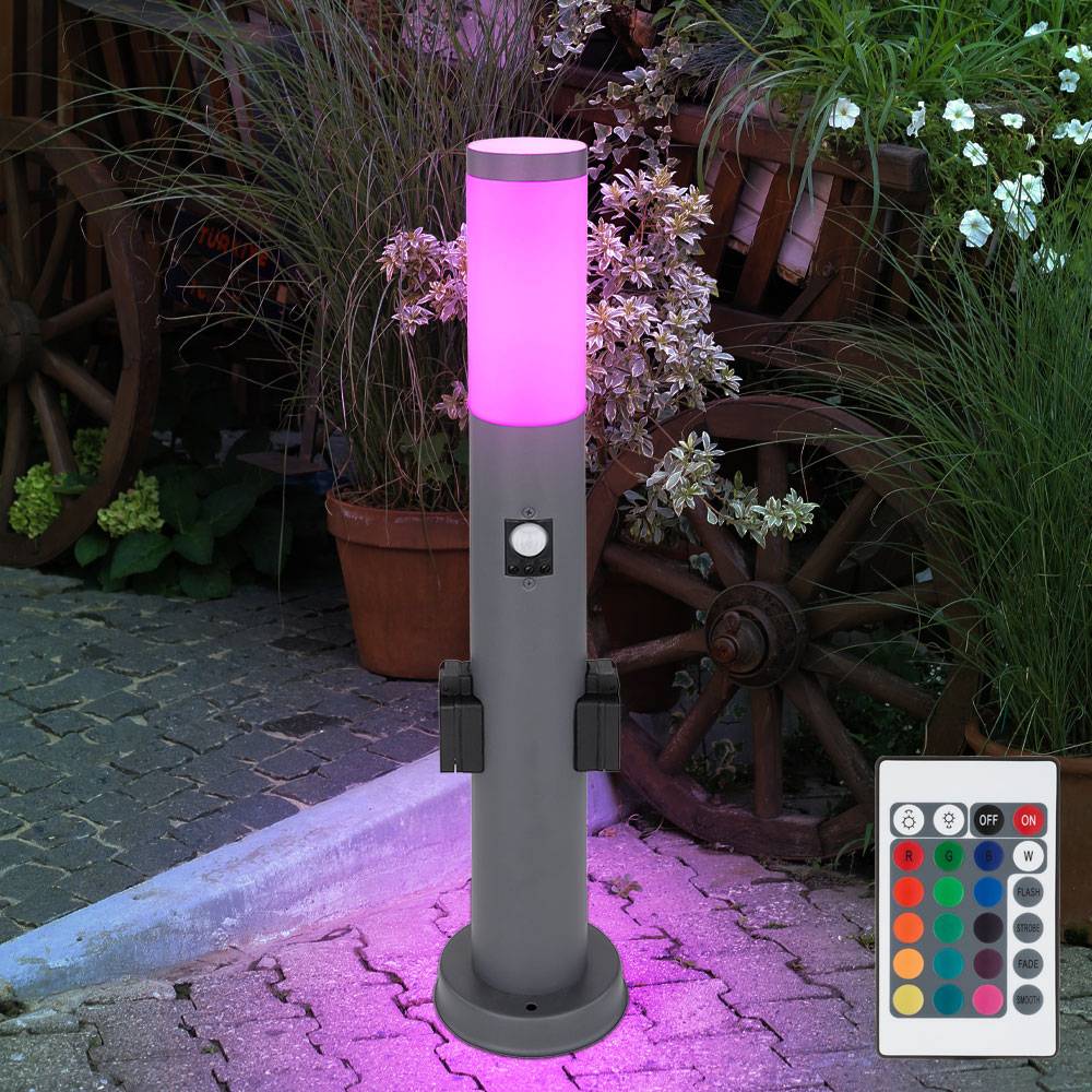 Stehlampe Garten dimmbar mit Fernbedienung Wegleuchte Außen mit Bewegungsmelder 2x Steckdose Sockelleuchte, Edelstahl Anthrazit, RGB LED 8,5W 806lm