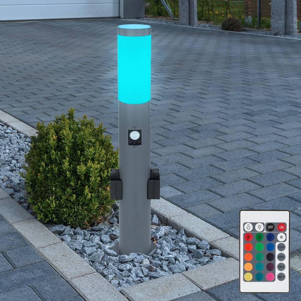 Stehlampe Garten dimmbar mit Fernbedienung Wegleuchte Außen mit Bewegungsmelder 2x Steckdose Sockelleuchte, Edelstahl Anthrazit, RGB LED 8,5W 806lm