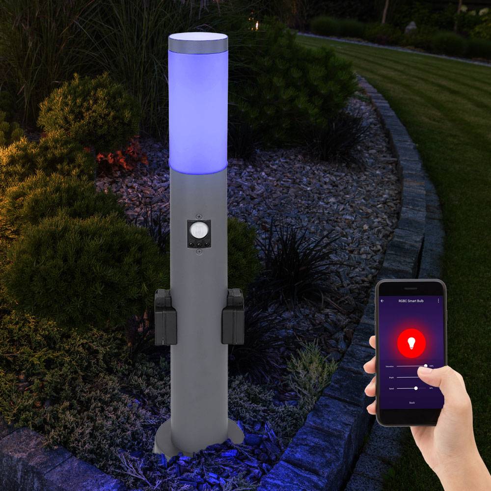 Smart LED Außenleuchte dimmbar Stehleuchte mit Bewegungsmelder Edelstahl anthrazit, Farbwechsel, mit 2 Steckdosen, IP44, 10W 806, warmweiß-kaltweiß