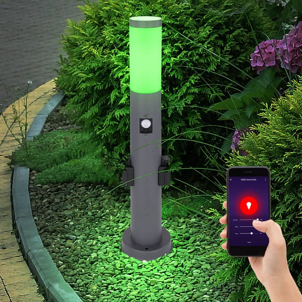 Smart LED Außenleuchte dimmbar Stehleuchte mit Bewegungsmelder Edelstahl anthrazit, Farbwechsel, mit 2 Steckdosen, IP44, 10W 806, warmweiß-kaltweiß