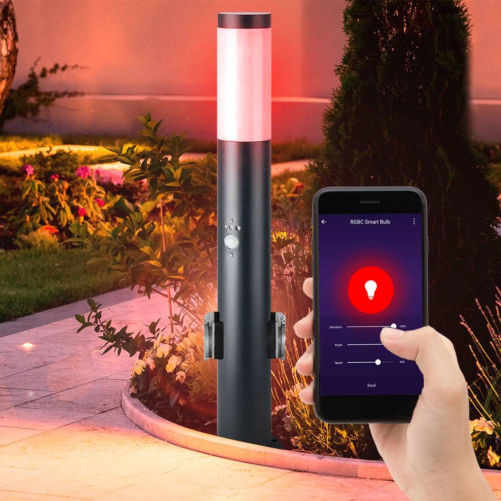 Smart LED Außenleuchte dimmbar Stehleuchte mit Bewegungsmelder Edelstahl anthrazit, Farbwechsel, mit 2 Steckdosen, IP44, 10W 806, warmweiß-kaltweiß