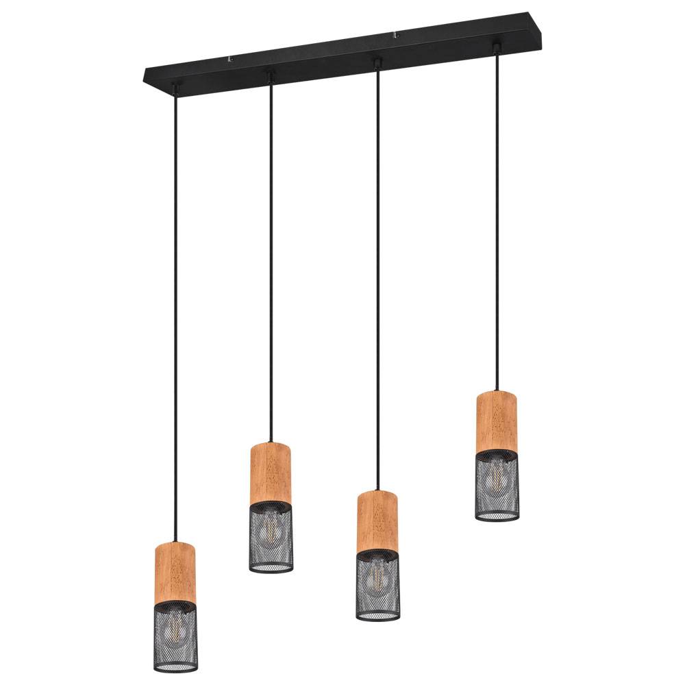 Pendelleuchte Hängelampe Holzleuchte Industriell Esszimmer, 4 flammig, Gitteroptik Metall Holz braun schwarz matt, 4x E27 Fassungen, HxBxT 150x65x