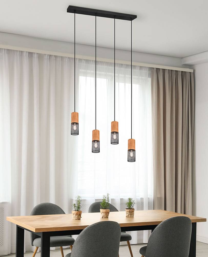 Pendelleuchte Hängelampe Holzleuchte Industriell Esszimmer, 4 flammig, Gitteroptik Metall Holz braun schwarz matt, 4x E27 Fassungen, HxBxT 150x65x
