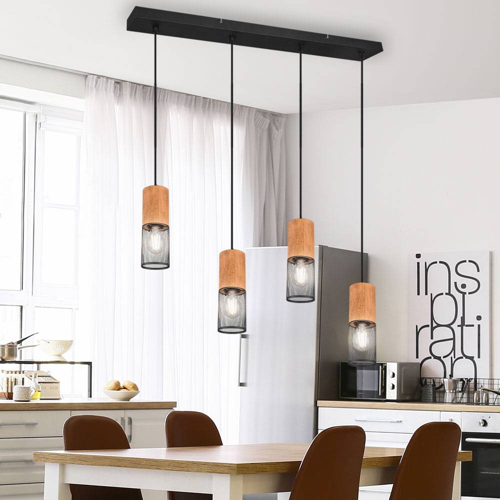 Pendelleuchte Hängelampe Holzleuchte Industriell Esszimmer, 4 flammig, Gitteroptik Metall Holz braun schwarz matt, 4x E27 Fassungen, HxBxT 150x65x