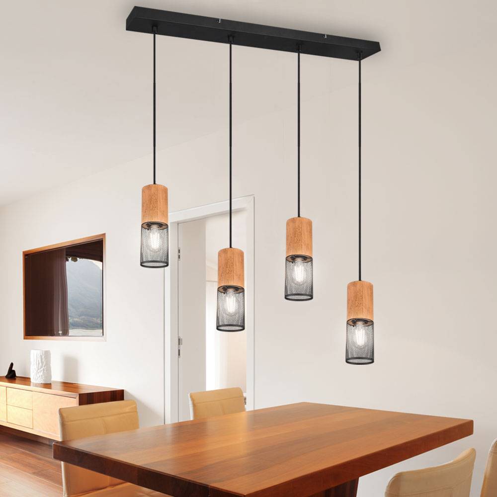 Pendelleuchte Hängelampe Holzleuchte Industriell Esszimmer, 4 flammig, Gitteroptik Metall Holz braun schwarz matt, 4x E27 Fassungen, HxBxT 150x65x