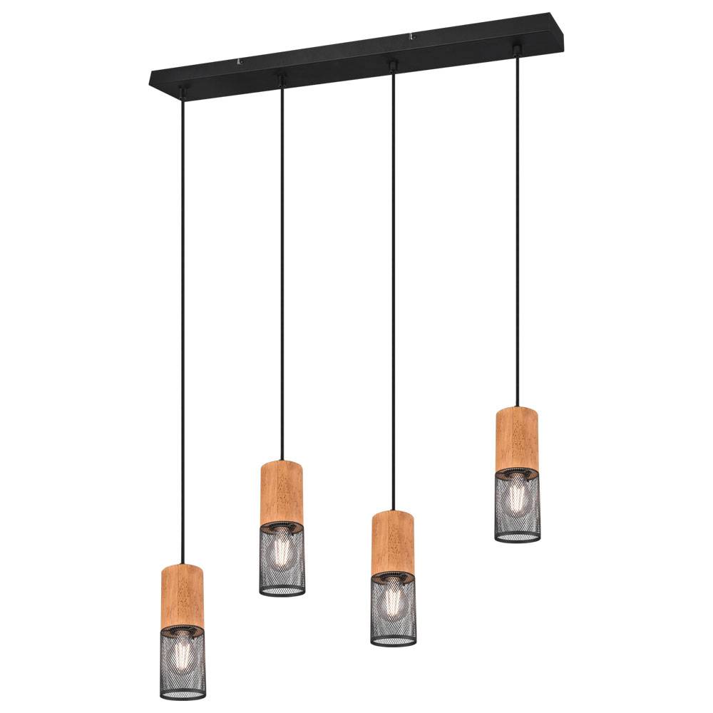 Pendelleuchte Hängelampe Holzleuchte Industriell Esszimmer, 4 flammig, Gitteroptik Metall Holz braun schwarz matt, 4x E27 Fassungen, HxBxT 150x65x