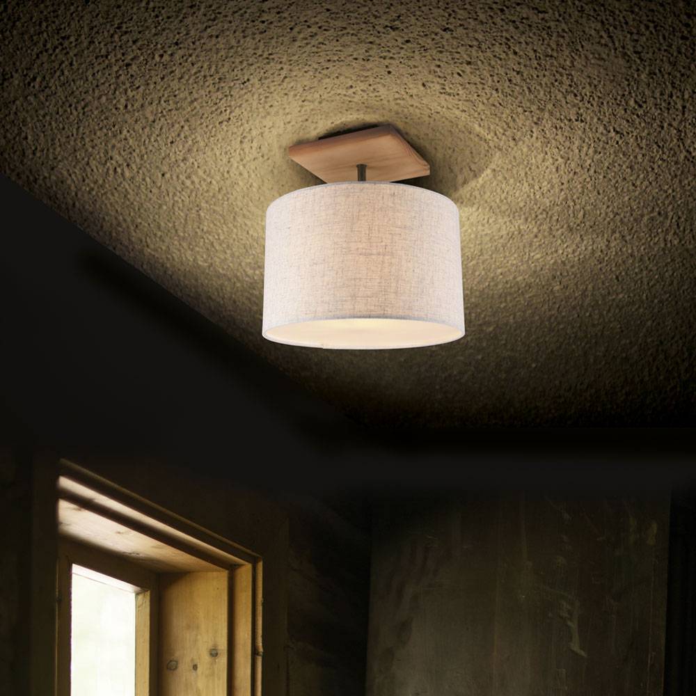Deckenleuchte Wohnzimmerleuchte Holz Deckenlampe Schlafzimmerleuchte, Textil weiß, 1x E27, DxH 35x36 cm
