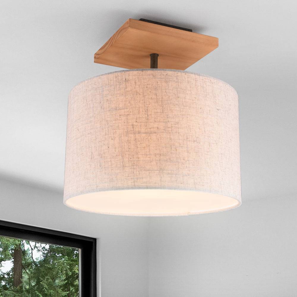 Deckenleuchte Wohnzimmerleuchte Holz Deckenlampe Schlafzimmerleuchte, Textil weiß, 1x E27, DxH 35x36 cm