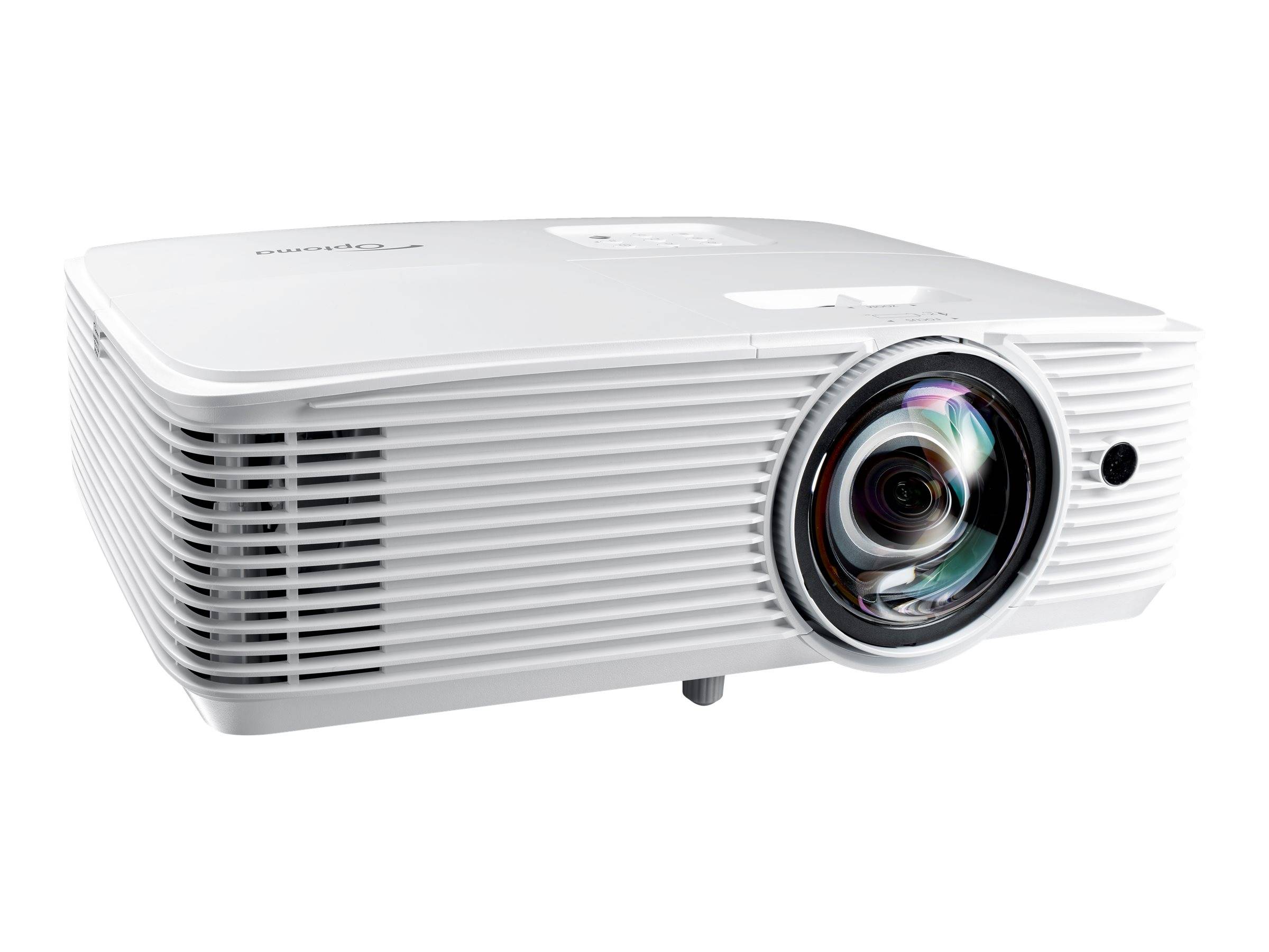 Weißer Tischprojekt mit großer Frontlinse auf einfachem Hintergrund.