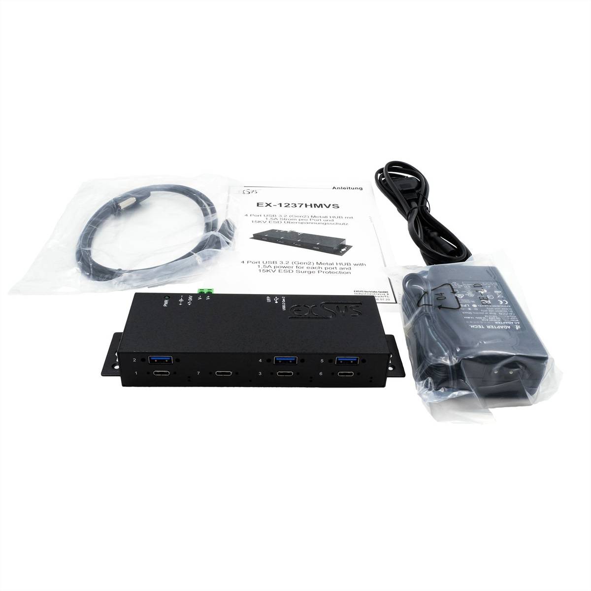 EXSYS EX-1237HMVS 7 Port USB 3.2 Gen2 Hub mit 4 x USB-C und 3 x USB-A Anschluss