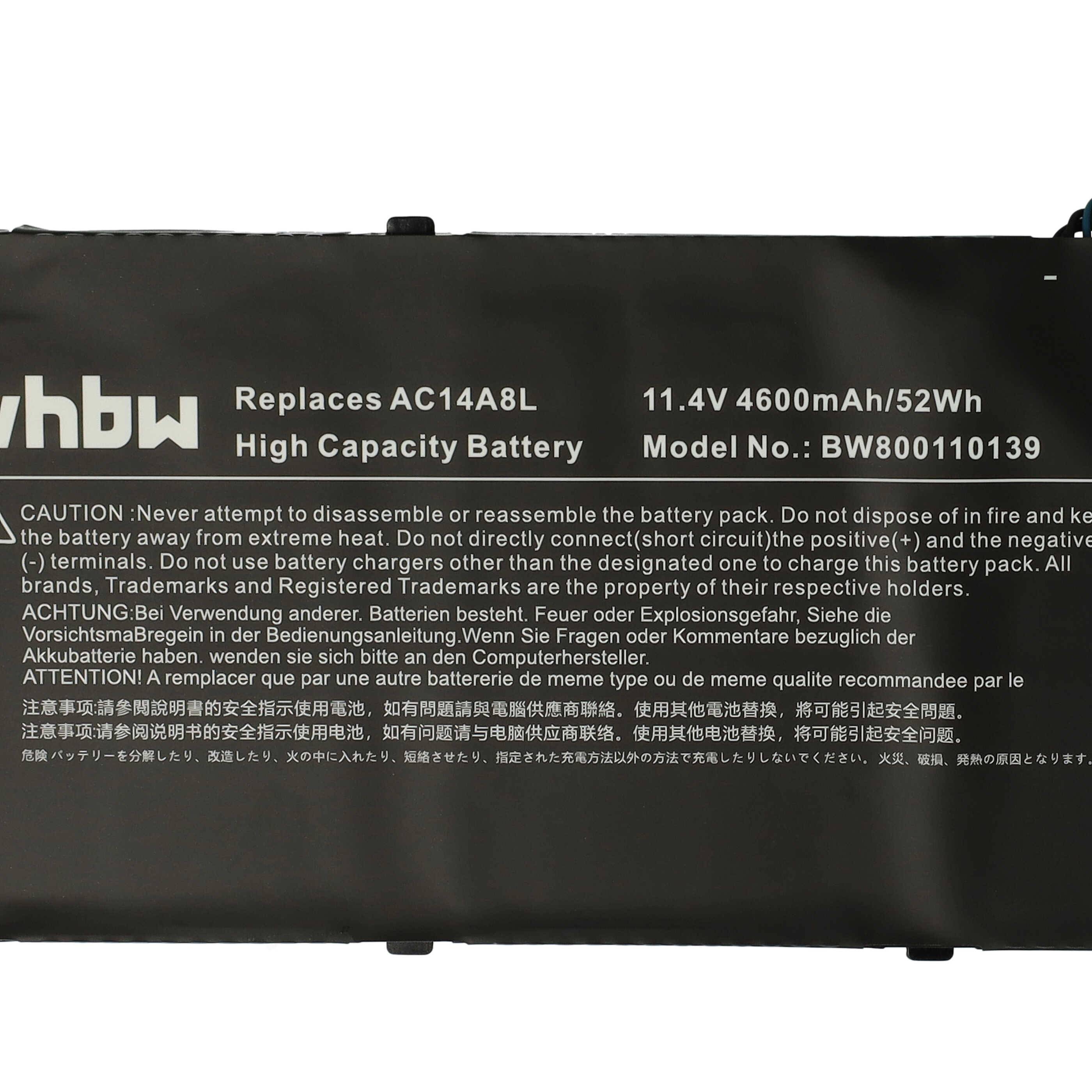 vhbw Akku Ersatz für Acer 3ICP7/61/80, AC15B7L, AC14A8L, AC14A8L(3ICP7/61/80) für Notebook (4600 mAh, 11,4 V, Li-Polymer)
