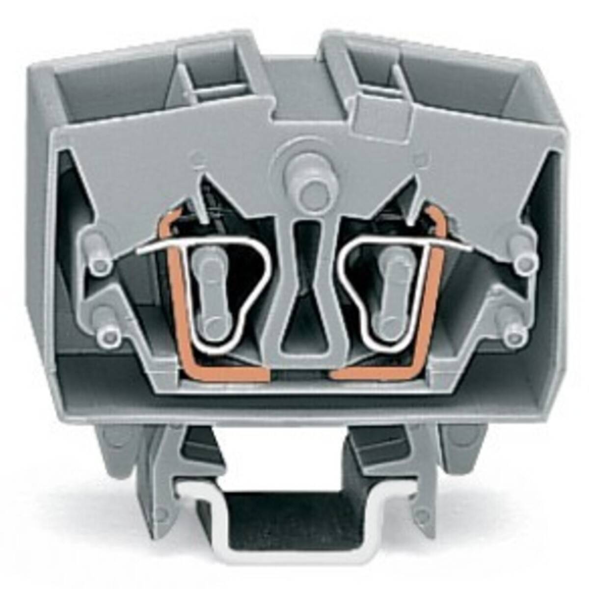 Eine Nahaufnahme eines grauen Elektro-Klemmblocks, die die inneren Metallverbinder und eine sichere Befestigungsbasis zeigt.