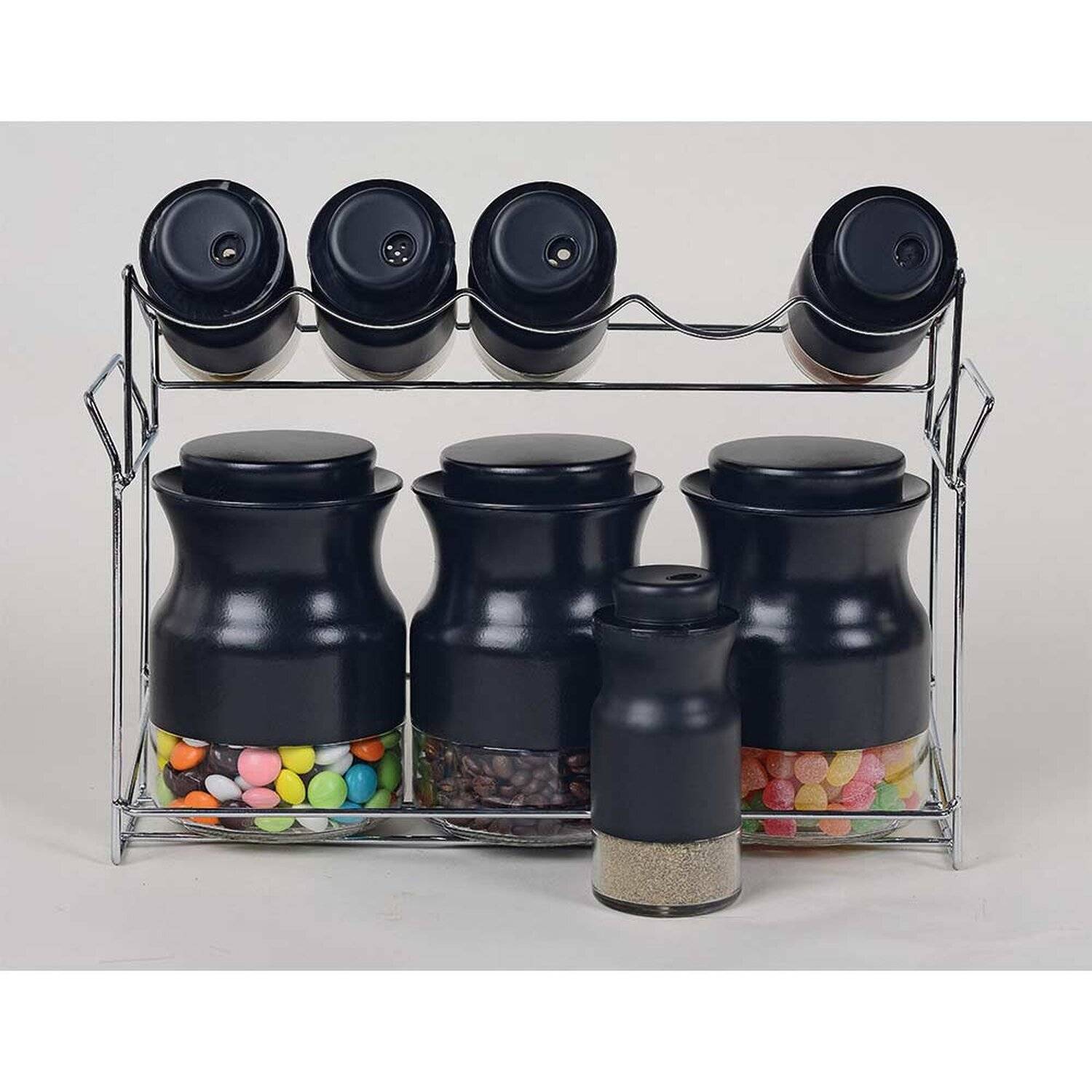 Schäfer Kitchen House 9-teiliges Gewürz-Set aus Glas inklusive Ständer Gewürzregal Ständer Set Aufbewahrung, schwarz