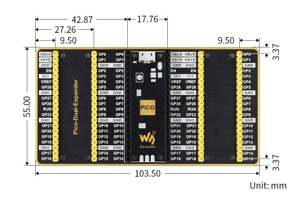 WaveShare Dual GPIO Expander for Raspberry Pi Pico, Two Sets of Male Headers
