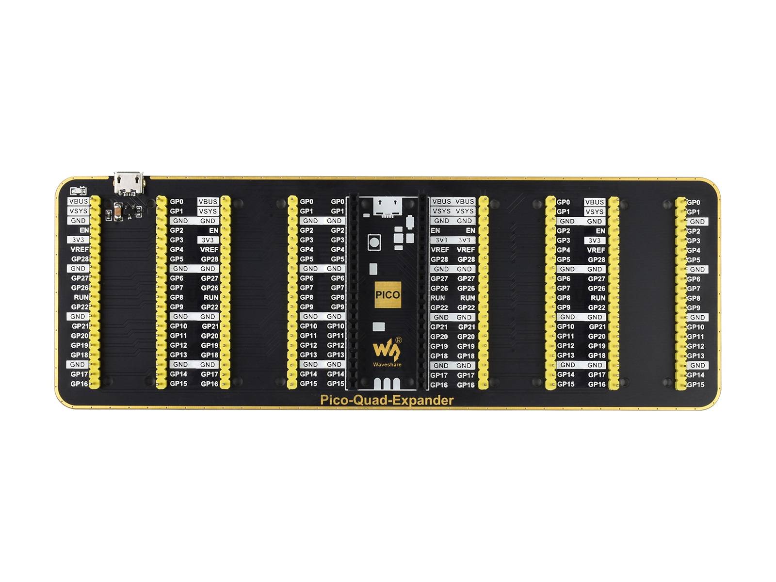 WaveShare Quad GPIO Expander for Raspberry Pi Pico, Four Sets of Male Headers, USB Power Connector