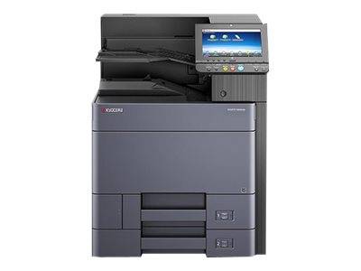 Ein multifunktionales Bürodrucker mit Touchscreen-Bedienfeld, Papierfach und Ausgabeschacht, frontal auf weißem Hintergrund dargestellt.
