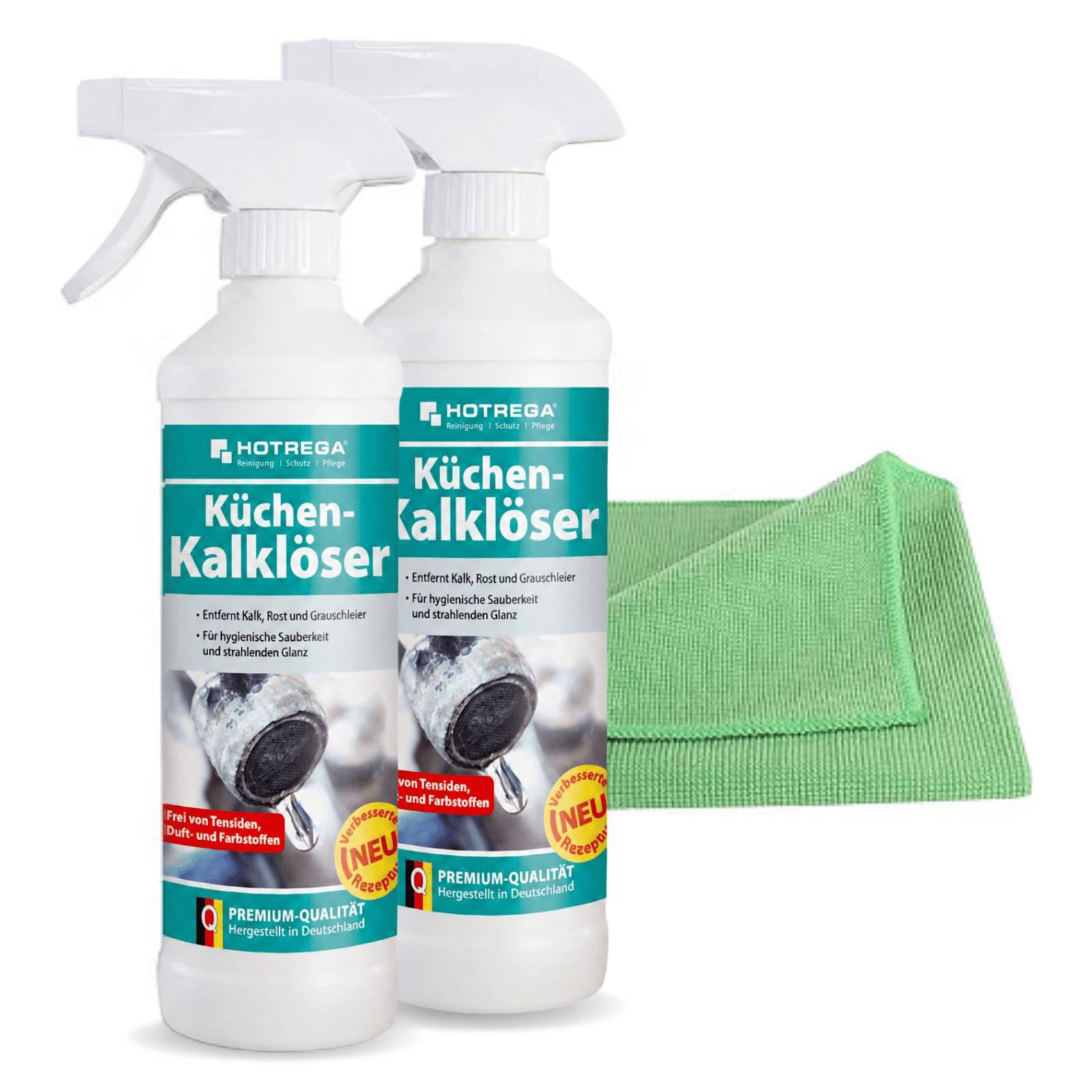 Zwei Sprühflaschen mit der Bezeichnung „HOTREGA Küchen-Kalklöser