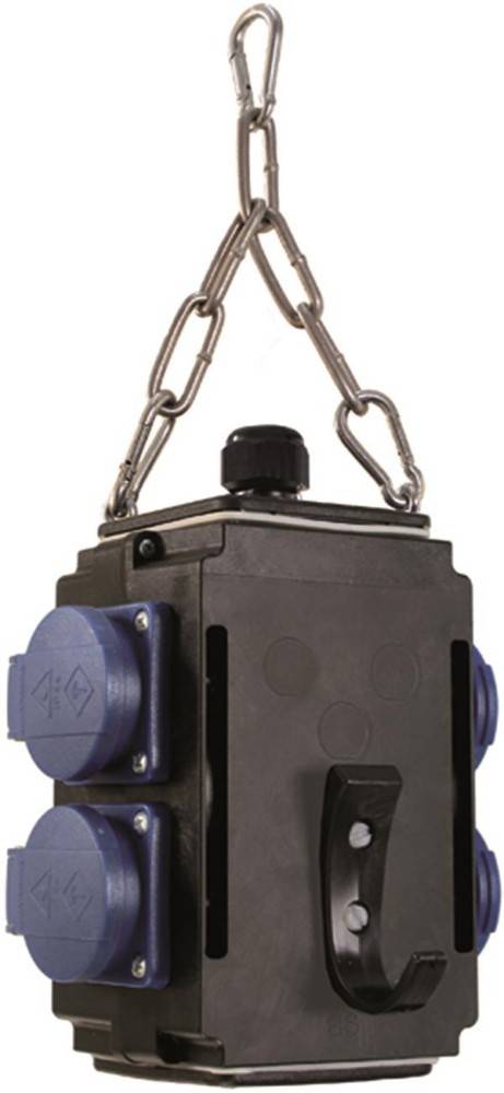 Ein schwarzer industrieller Aufhängehaken mit angeschlossenen blauen Elektrosteckdosen, konzipiert für Schwerlastanwendungen.