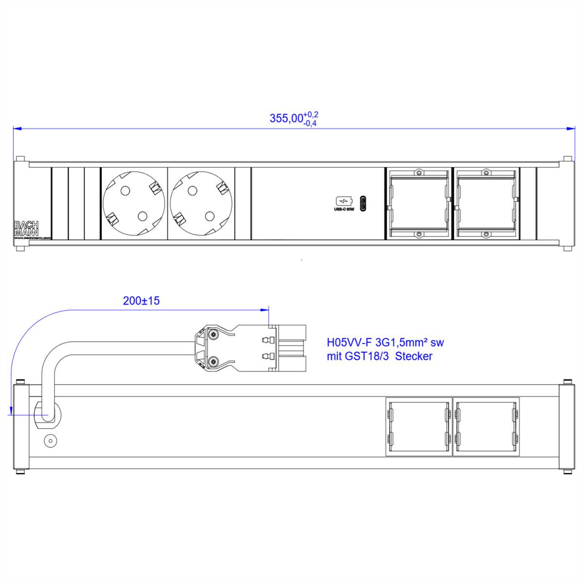 BACHMANN CONI 2xCEE7/3 1xUSB C 60W, Schutzkontakt GST18 Stecker
