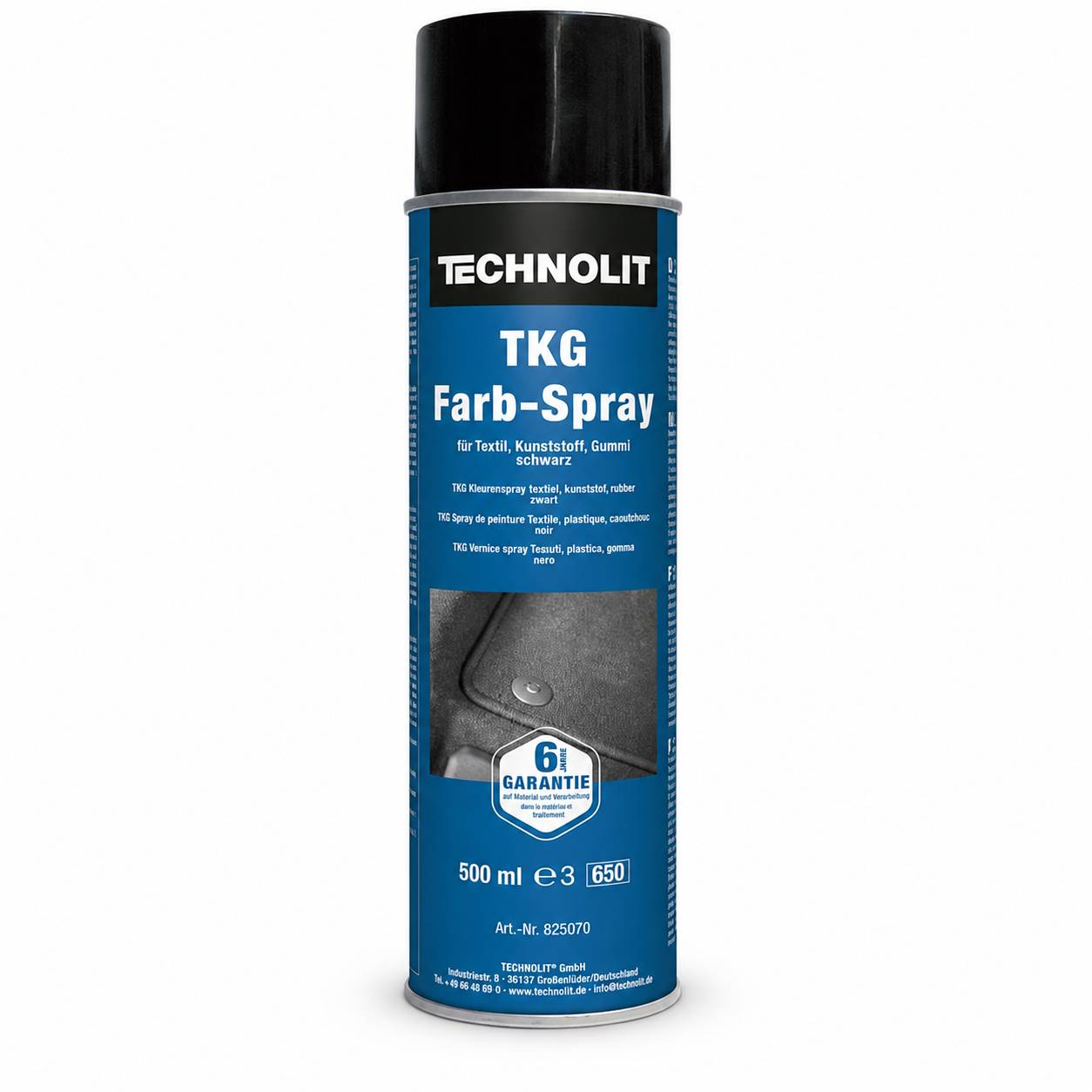 Eine blaue Technolit TKG Farb-Spray Dose mit schwarzem Deckel, gekennzeichnet zum Färben von schwarzem Textil, Kunststoff und Gummi; 500 ml Sprühdose.