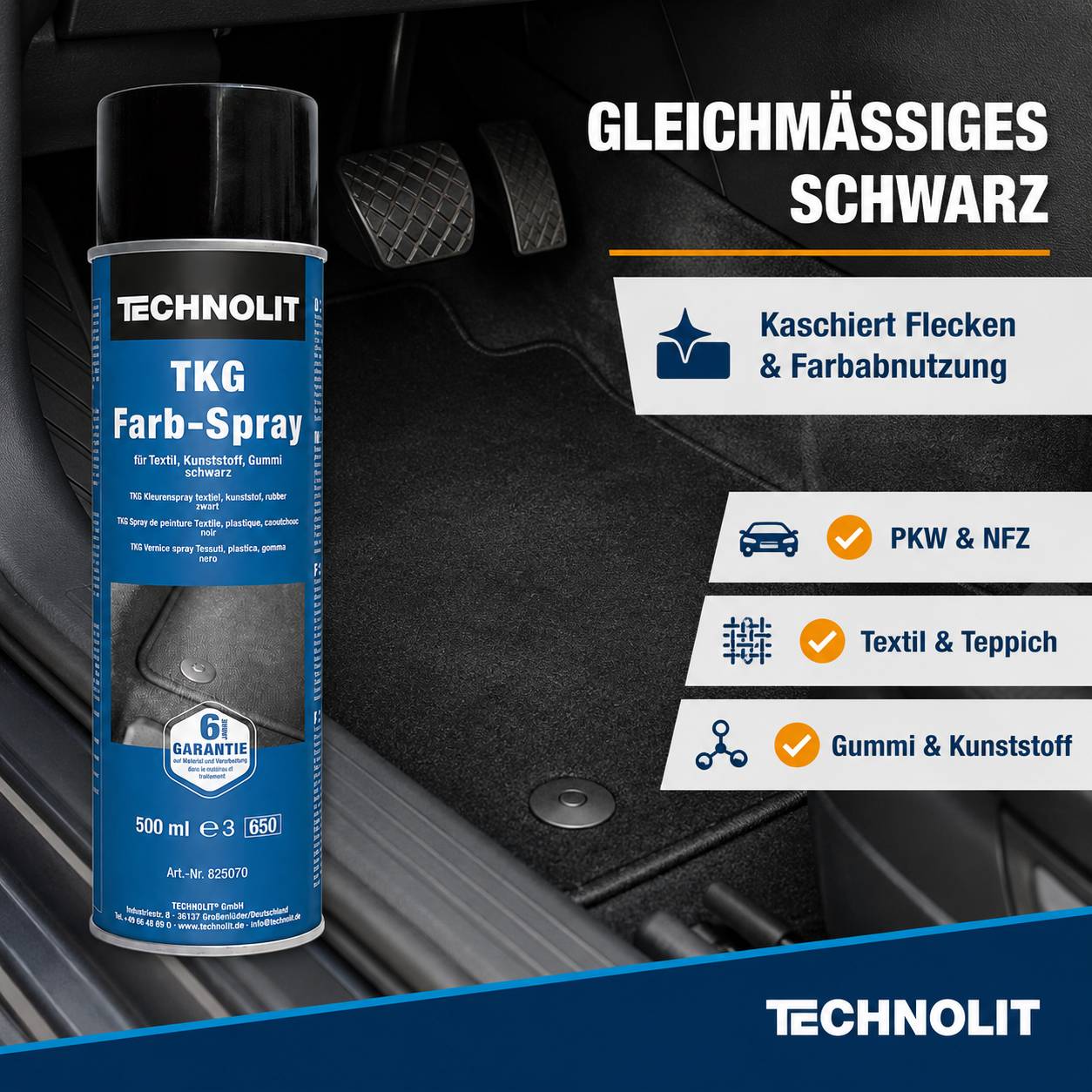 Technolit TKG Farb-Spray in der Spraydose für gleichmäßige schwarze Abdeckung, geeignet zum Verbergen von Flecken und Farbverschleiß auf Autos, Textilien, Teppichen, Gummi und Kunststoff.