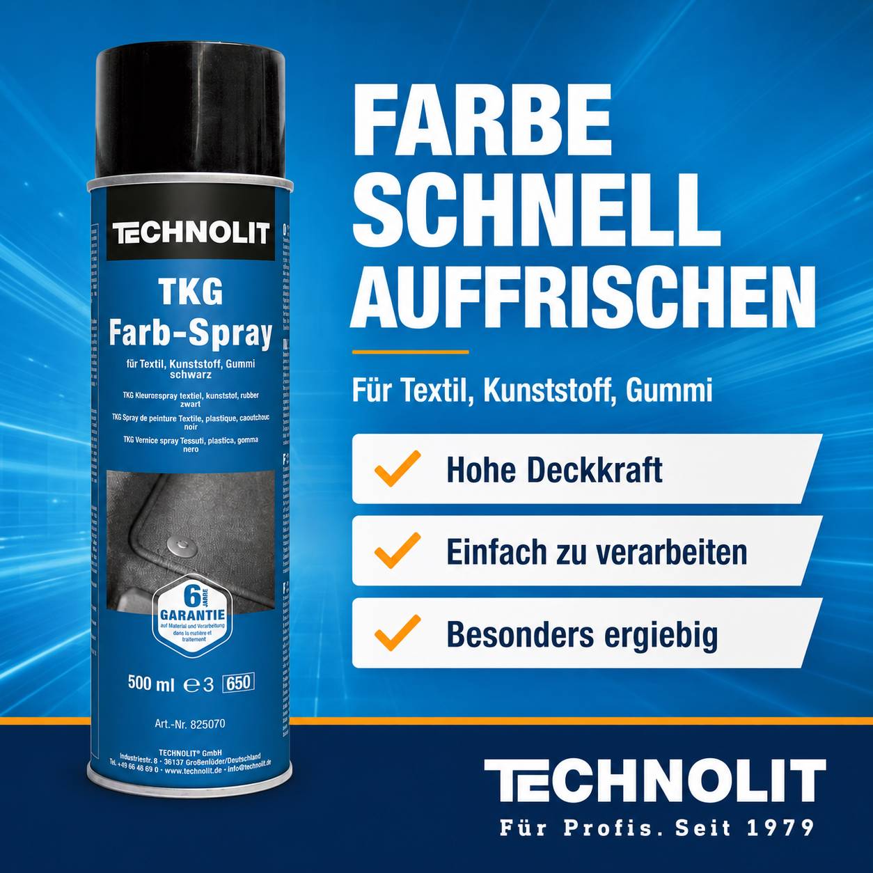 Technolit TKG Farb-Spray Dose auf blauem Hintergrund mit deutschem Text „FARBE SCHNELL AUFFRISCHEN