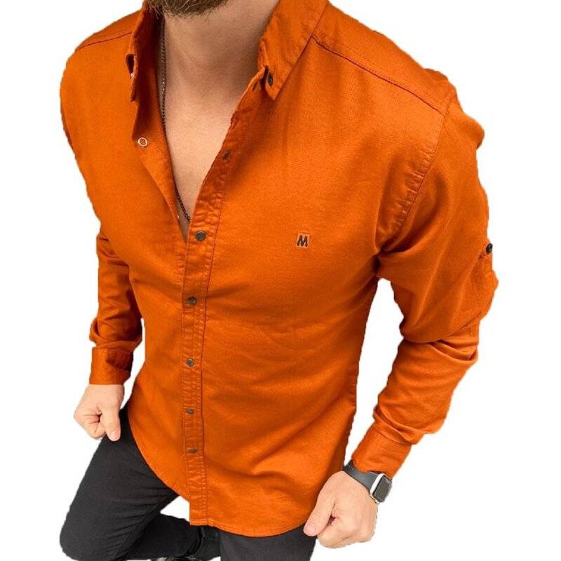 Megaman Langarmhemd Herren designer Premium Megaman Hemd Slim-Fit Business Hochzeit Shirt Hemden Größe S Orange