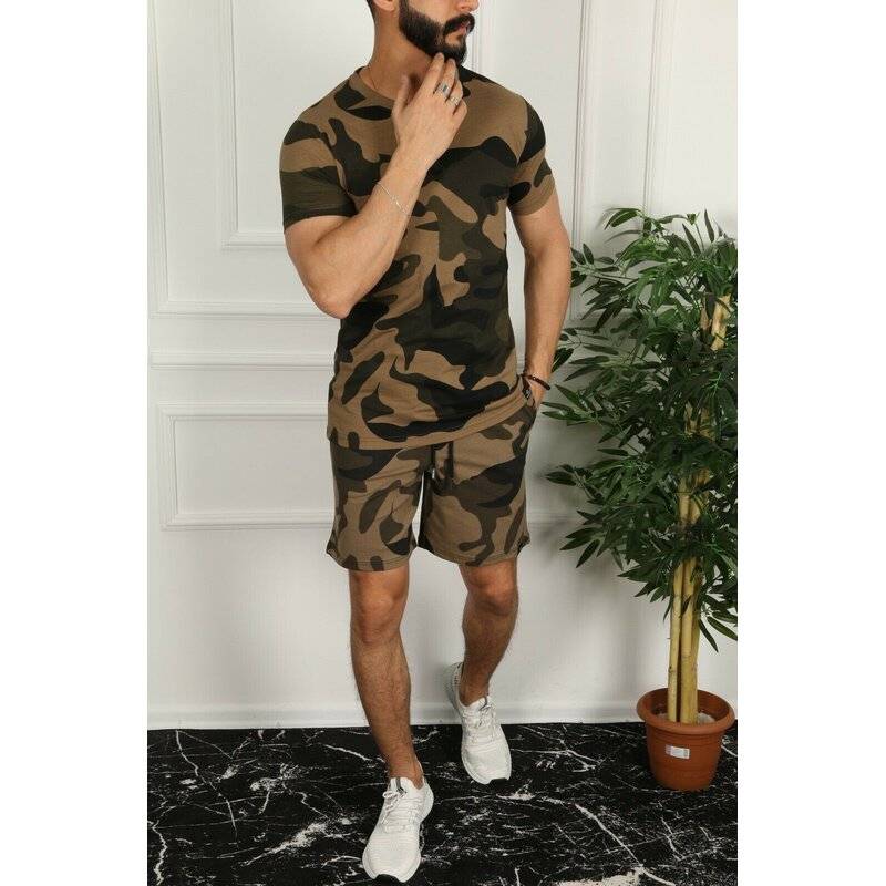 Megaman Trainingsanzug Sportanzug Jogginganzüge Basic Anzug T-Shirt Kurze Hose Short Sportlich Camouflage Braun S