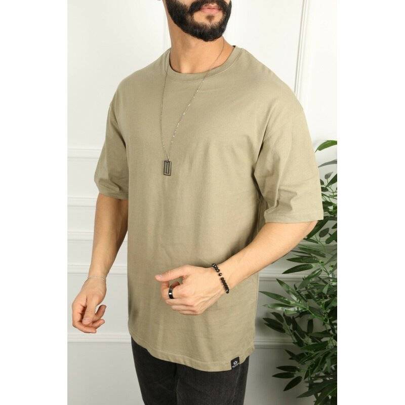 Megaman Oversize Herren T-Shirt Long-Tee Basic Shirt Longshirt Premium Qualität Tops Kurzarm Fashion XL Beige
