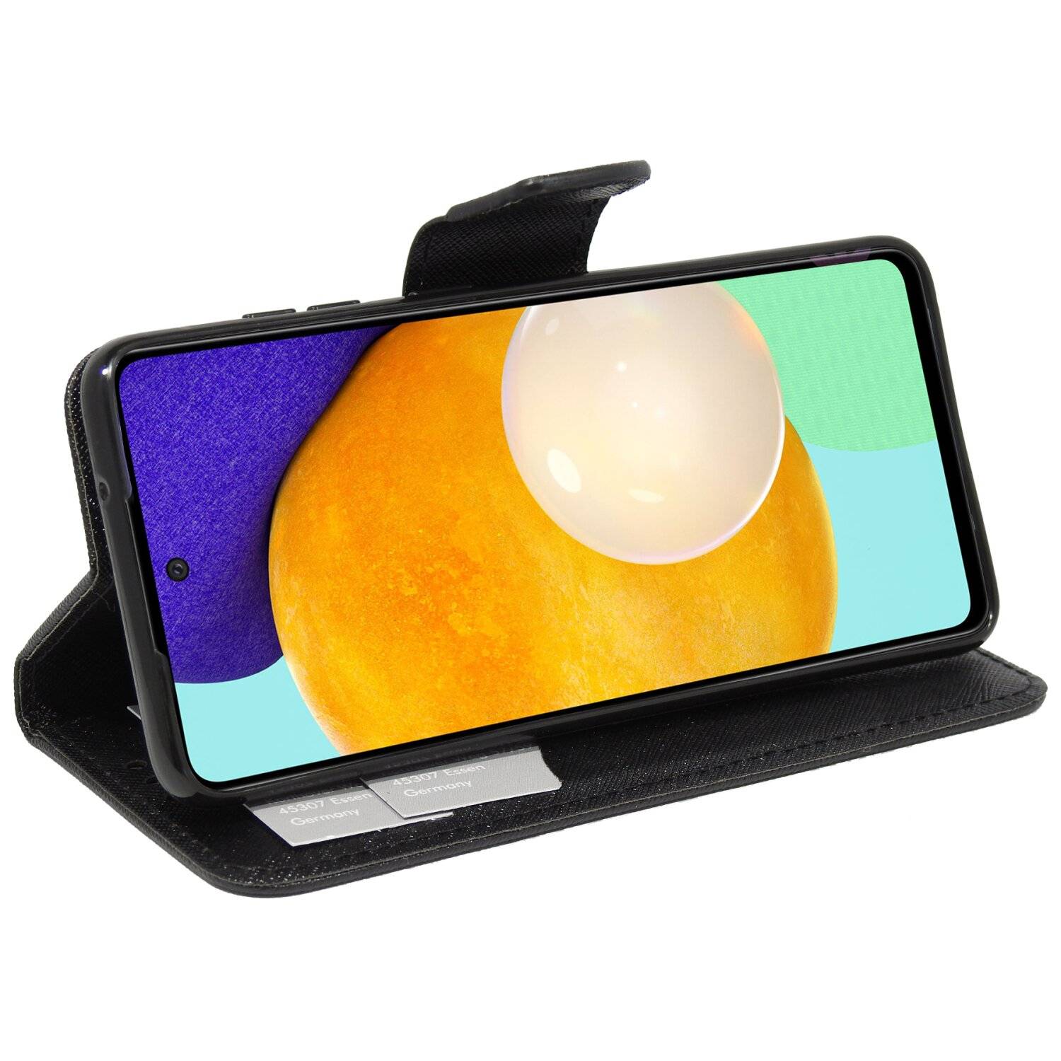 Buch Tasche "Fancy" für SAMSUNG GALAXY A52 (A525F) Handy Hülle Schutzhülle mit Standfunktion, Kartenfach Schwarz