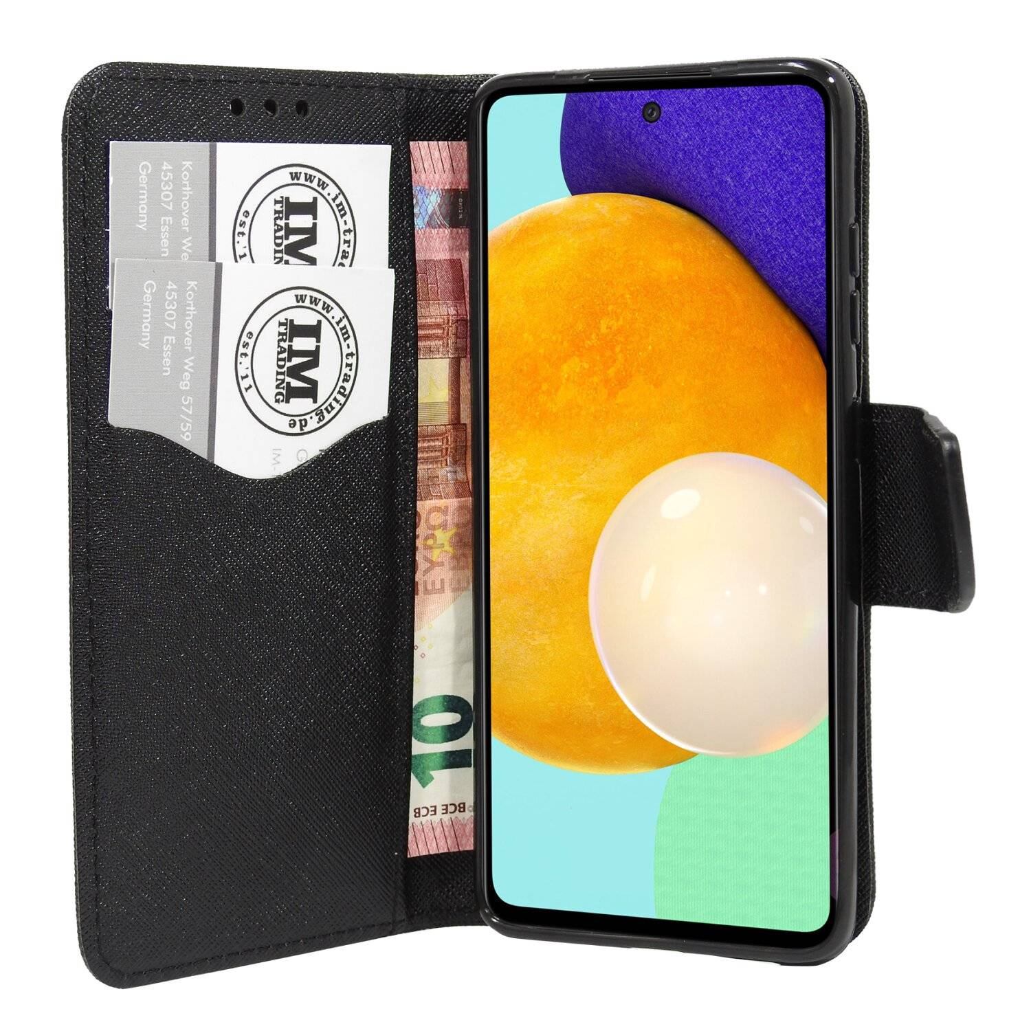Buch Tasche "Fancy" für SAMSUNG GALAXY A52 (A525F) Handy Hülle Schutzhülle mit Standfunktion, Kartenfach Schwarz