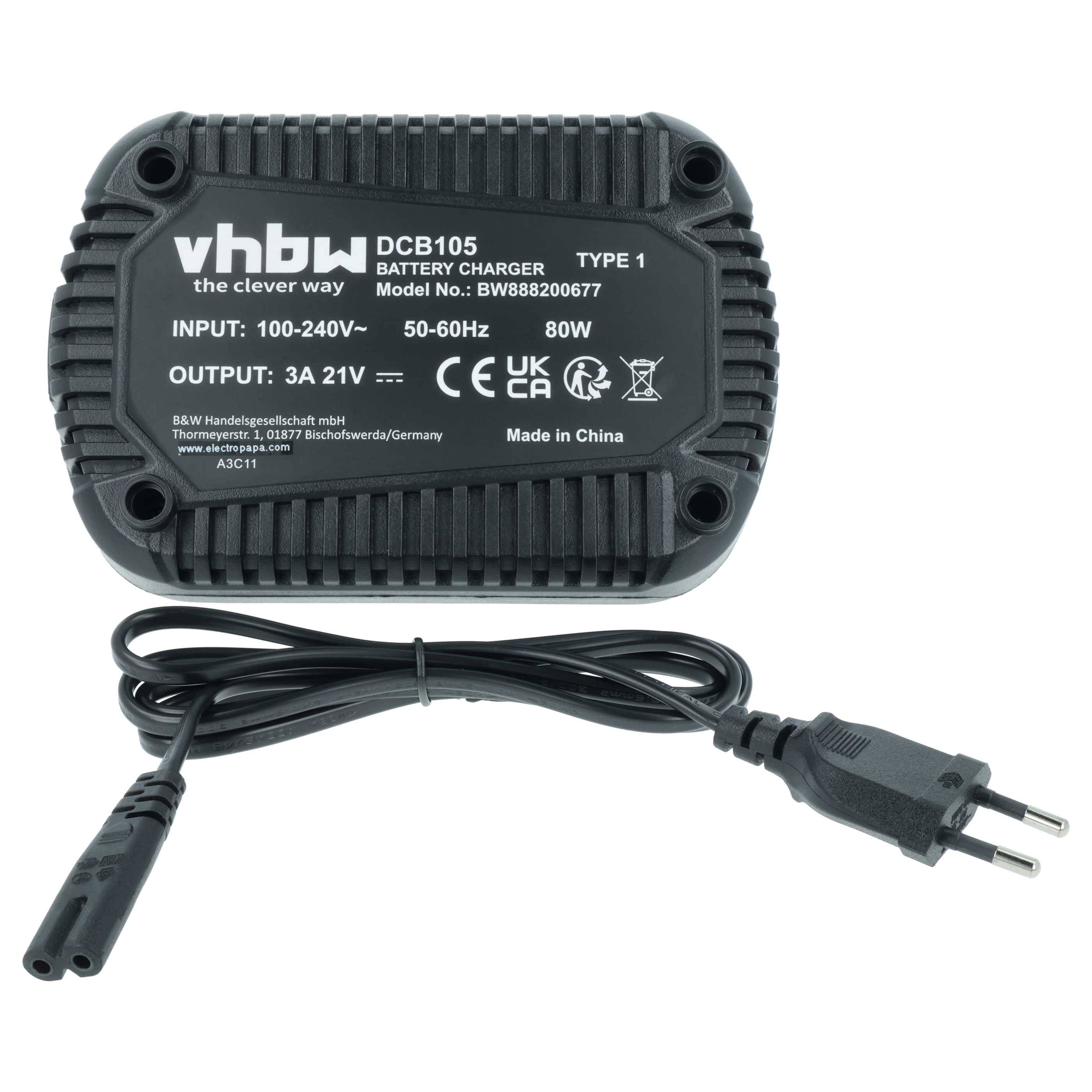 vhbw Ladegerät kompatibel mit Dewalt DCF885L2, DCF885C2, DCF885B, DCF885, DCF883M2, DCF883L2, DCF883B, DCF885M2 Werkzeug Li-Ion-Akkus