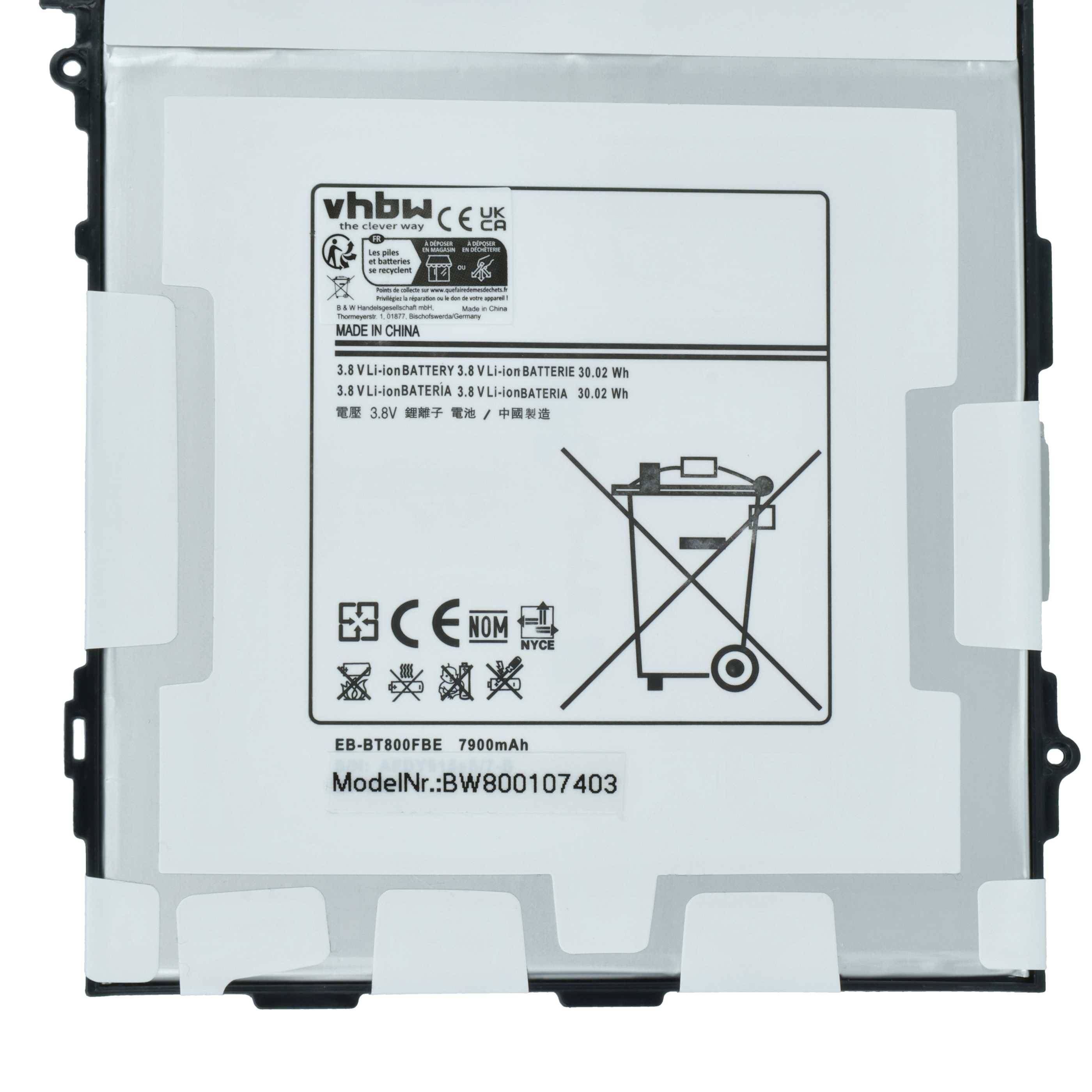 VBHB' Lithium-Batterie-Etikett mit Spezifikationen: 3,8V, 30,2Wh, 7900mAh, mit Recycling- und Sicherheitssymbolen. Hergestellt in China.