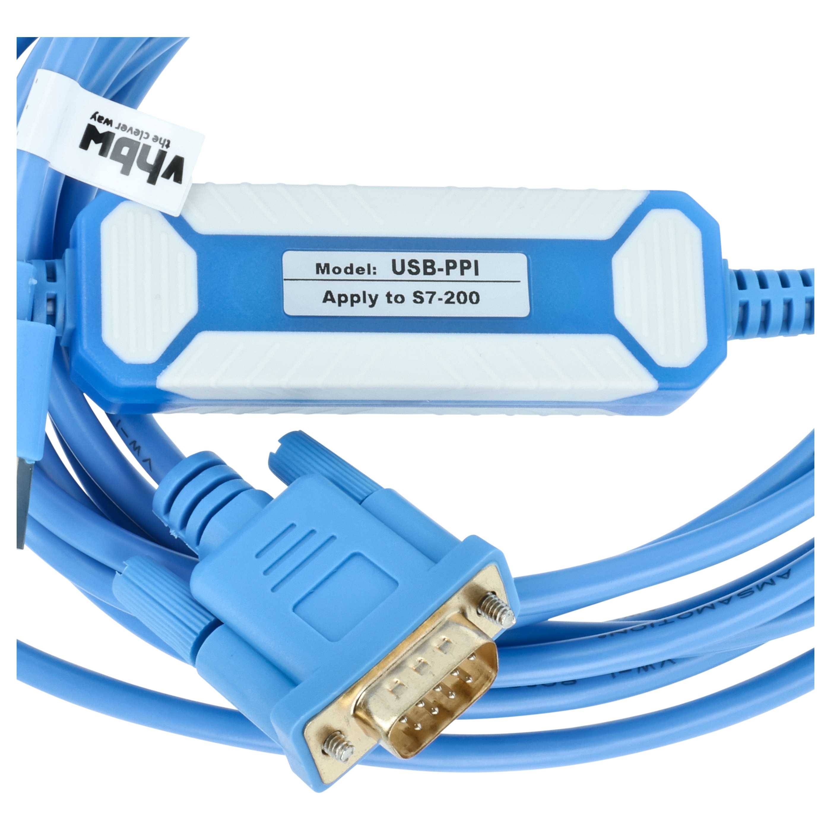 Blaues USB-Programmierkabel mit DB9-Anschluss und Inline-Adapter mit der Beschriftung „Modell: USB-PPI