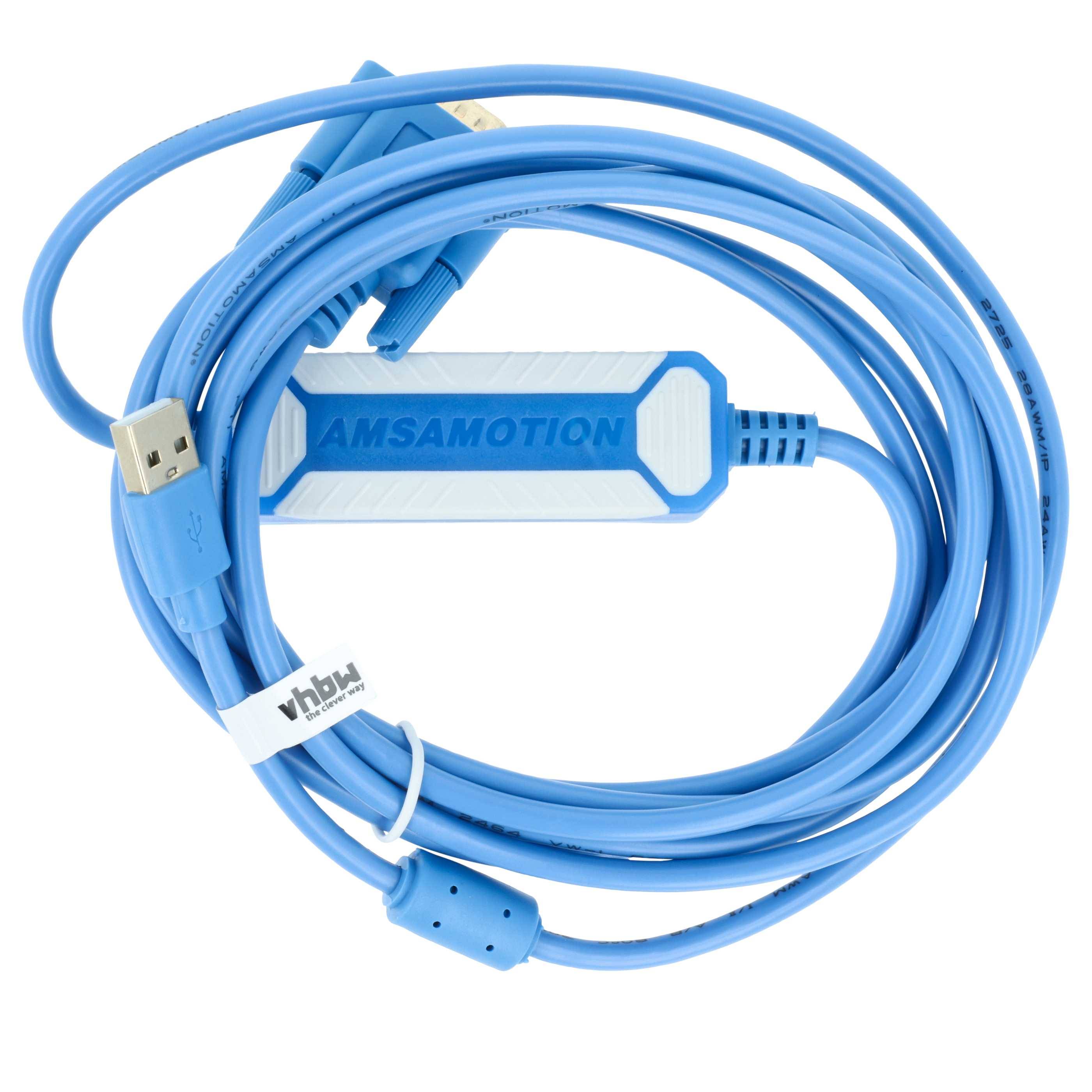 Aufgerolltes blaues USB-Kabel mit Inline-Adapter mit der Aufschrift „AMSAMOTION