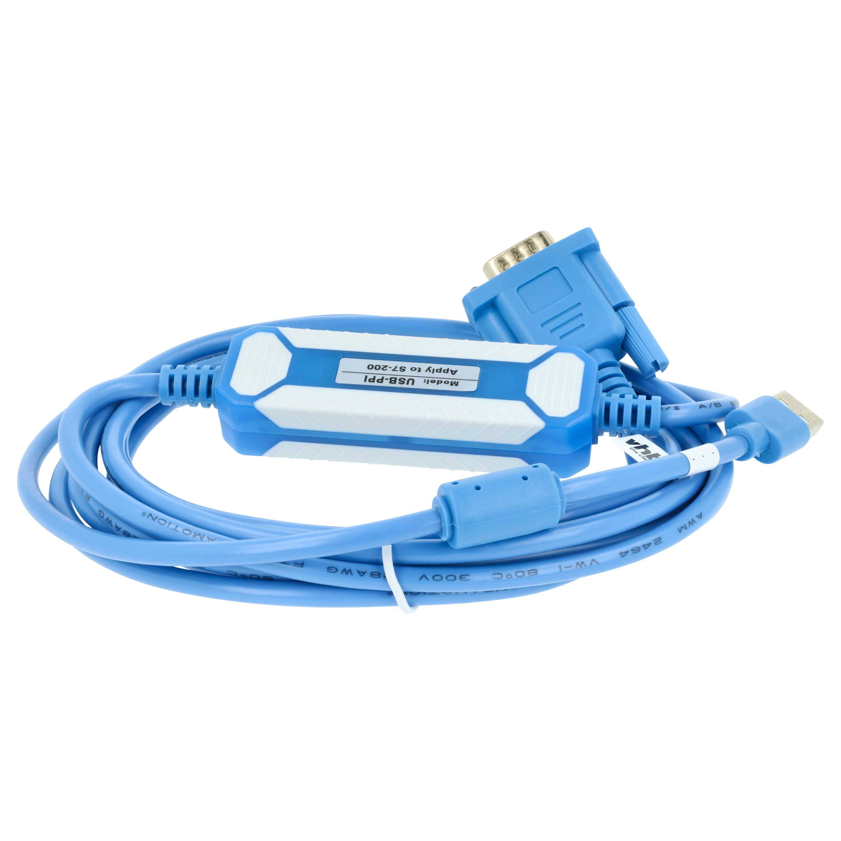 Blaues USB-zu-Seriell-Adapterkabel mit DB9-Stecker und USB-Stecker auf weißem Hintergrund.