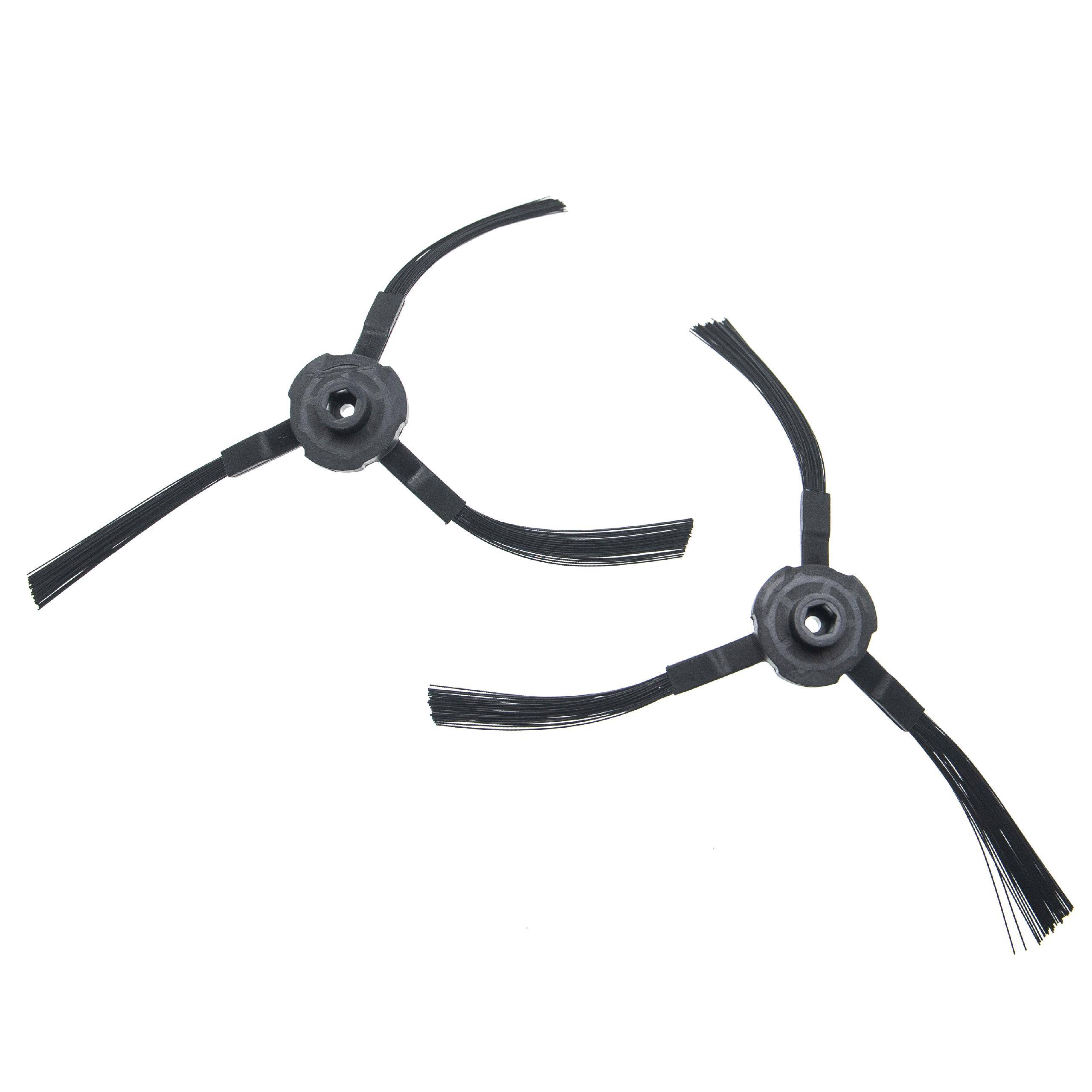 Zwei schwarze Ersatzbürsten für Roboterstaubsauger, jeweils mit drei flexiblen Borsten, auf weißem Hintergrund angeordnet.