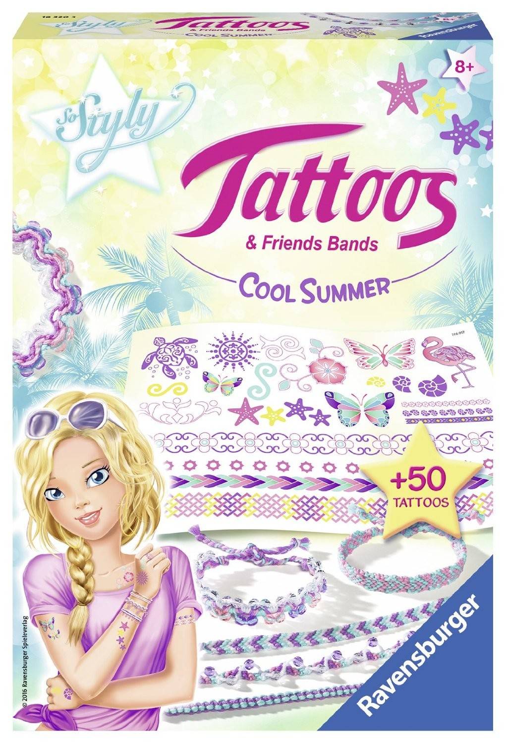 Ravensburger 18320 - Tattoos und Friends Bands, Cool Summer, bunt Bastelbox, Inhalt: 50 Tattoos, 48 m Garn in 4 Farben, 1 Sicherheitsnadel, 200
