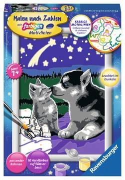 Ravensburger 27847 - Malen nach Zahlen, Hund und Katze, MNZ, Malset Mit farbigen Motivlinien. Mit Leuchtfarbe!