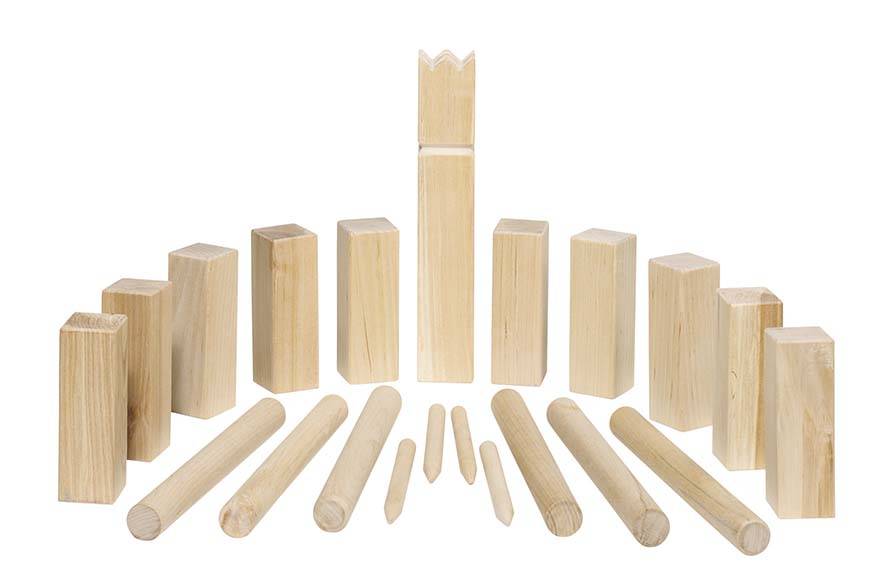 Goki 56874 - Wikingerspiel Kubb, kleine Größe, im Baumwollbeutel König= 4,5 x 4,5 x 25 cm, Holz, 21 Teile, per Stück