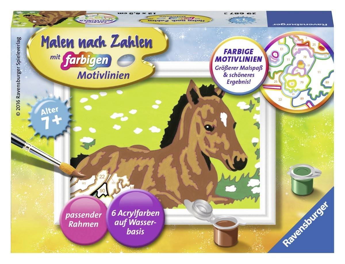 Ravensburger 29687 - Malen nach Zahlen, kleines Fohlen Mit farbigen Motivlinien, Jeder kann malen, Maltafel: 12 x 8,5 cm, Mit 6 Acrylfarben auf