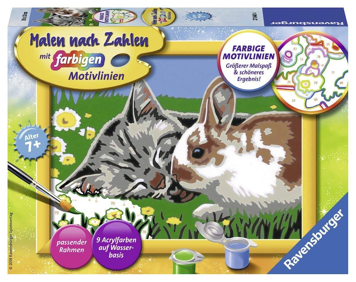 Ravensburger 27840 - Malen nach Zahlen, Kätzchen und Häschen, MNZ, Malset Mit farbigen Motivlinien